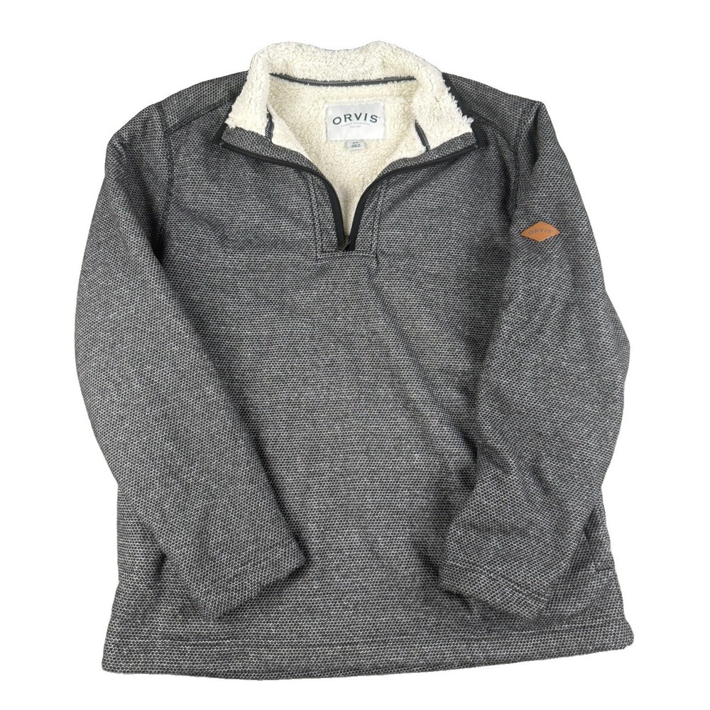 Orvis Mens Medium Sherpa Fleece Lined 1/4 Zip Pullover Sweater Gray Outdoor